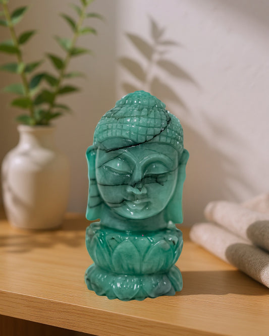Buddha Head on Lotus Base in Green Aventurine Gemstone