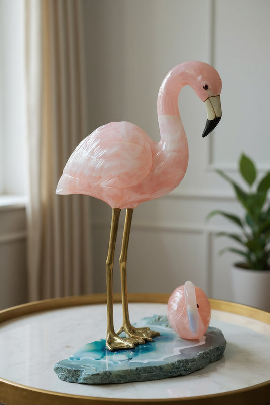 Flamingo Pair in Rose Quartz with Agate Base