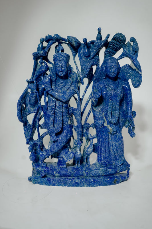 Radha Krishna with Peacock Motifs in Lapis Lazuli