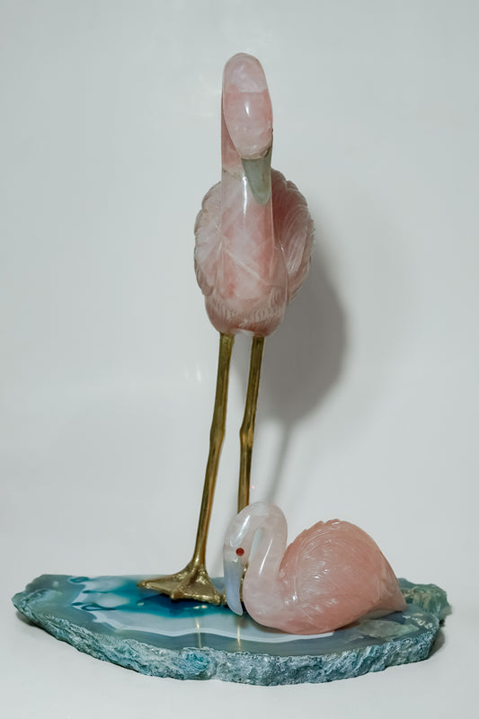 Flamingo Pair in Rose Quartz with Agate Base