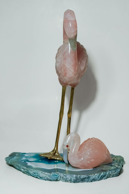 Flamingo Pair in Rose Quartz with Agate Base