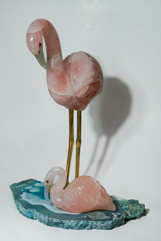Flamingo Pair in Rose Quartz with Agate Base
