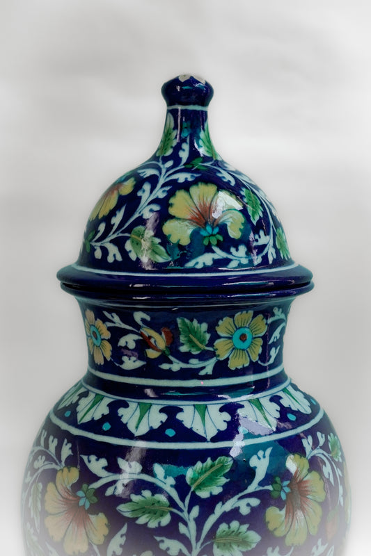 Handcrafted Blue Pottery Floral Jar with Lid