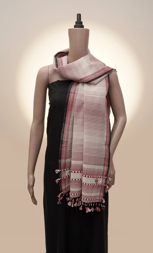 Ivory Maroon Almati Stripe Handwoven Stole