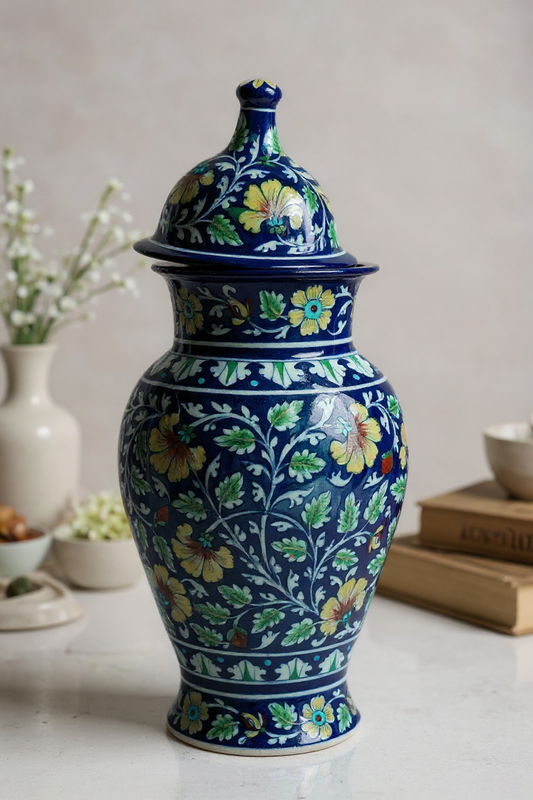 Handcrafted Blue Pottery Floral Jar with Lid