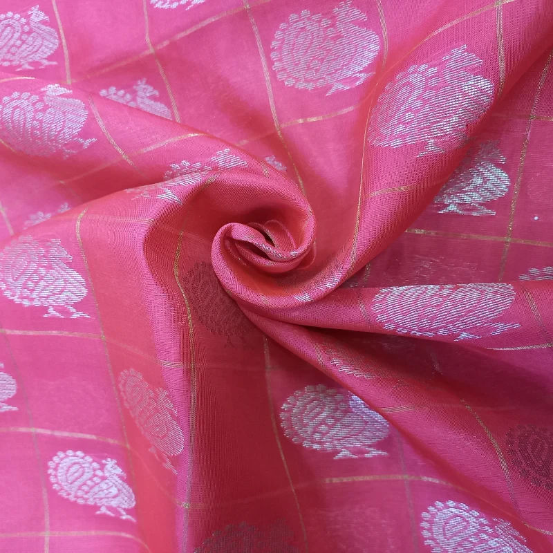 Onion Pink Silk Fabric With Peacock Buttis