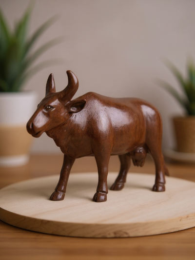 Hand-Carved Wooden Bull Figurine
