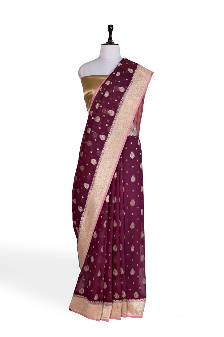 Mehroon Raag Saree | Handwoven Banarasi Silk Saree