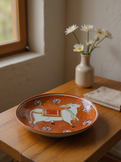 Divine Cow & Lotus Handmade Decorative Ceramic Plate