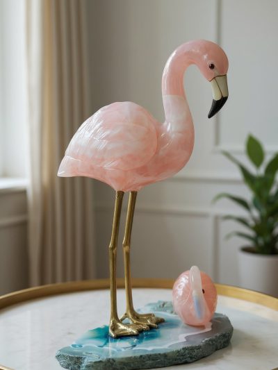 Natural Rose Quartz Flamingos – Decorative Agate Base Ornament