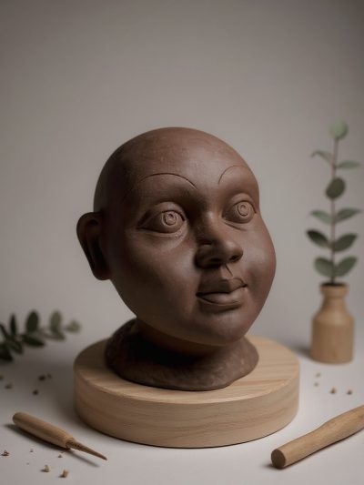 Ethnic Black Terracotta Baby Face Sculpture – Handmade Accent