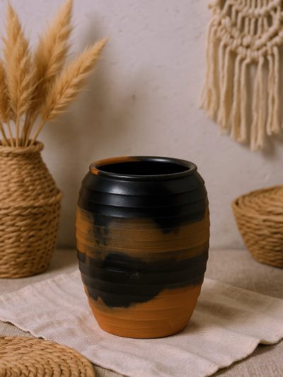 Smoke-Band Terracotta Barrel Vase