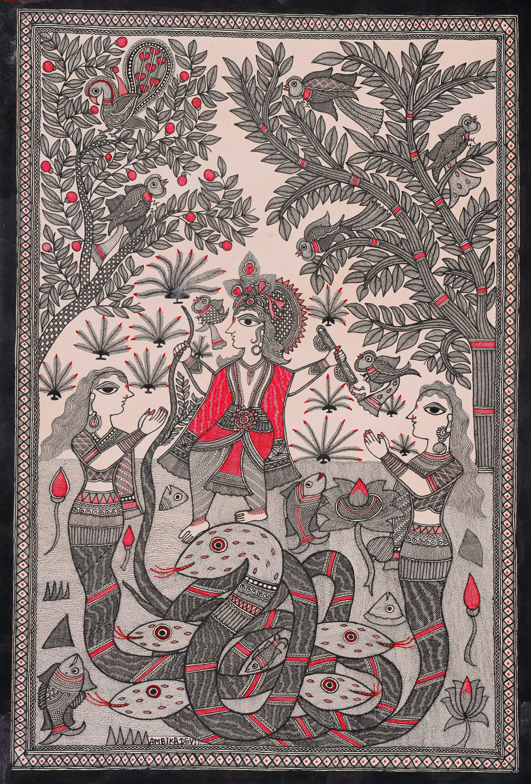 Naagvinashak Artwork – Serpent Slayer Inspired Decorative Madhubani Wall Art
