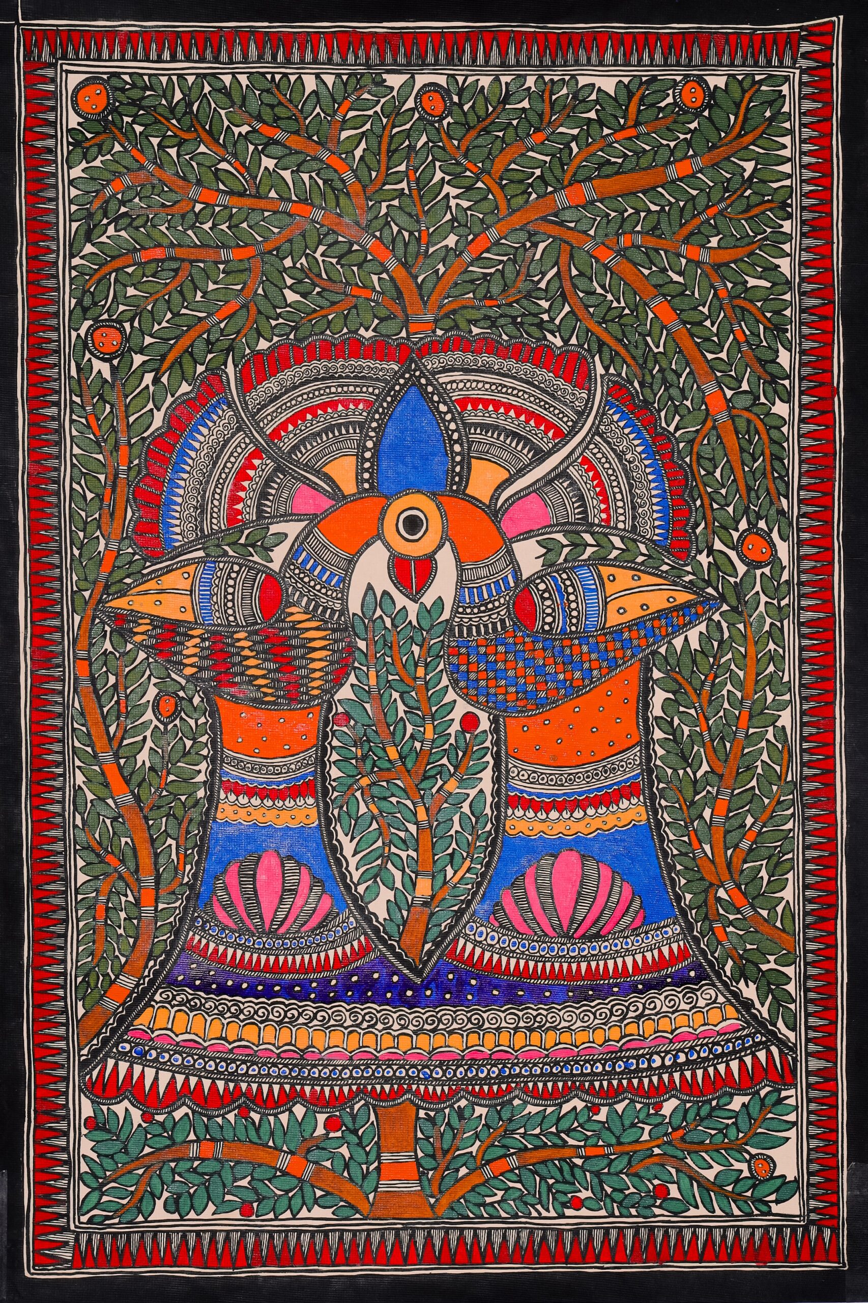 Pakshi Milan Canvas Wall Art – Symbolic Birds & Togetherness Madhubani Décor