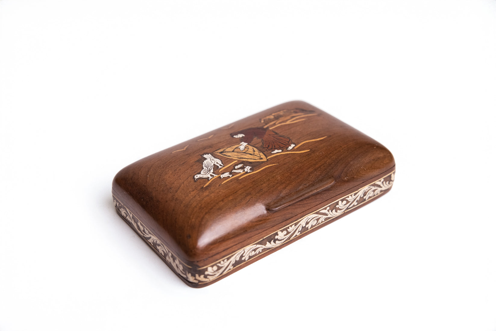 Village Life Walnut Wood Inlay Box | Handcrafted Kashmiri Wooden Art Storage Box