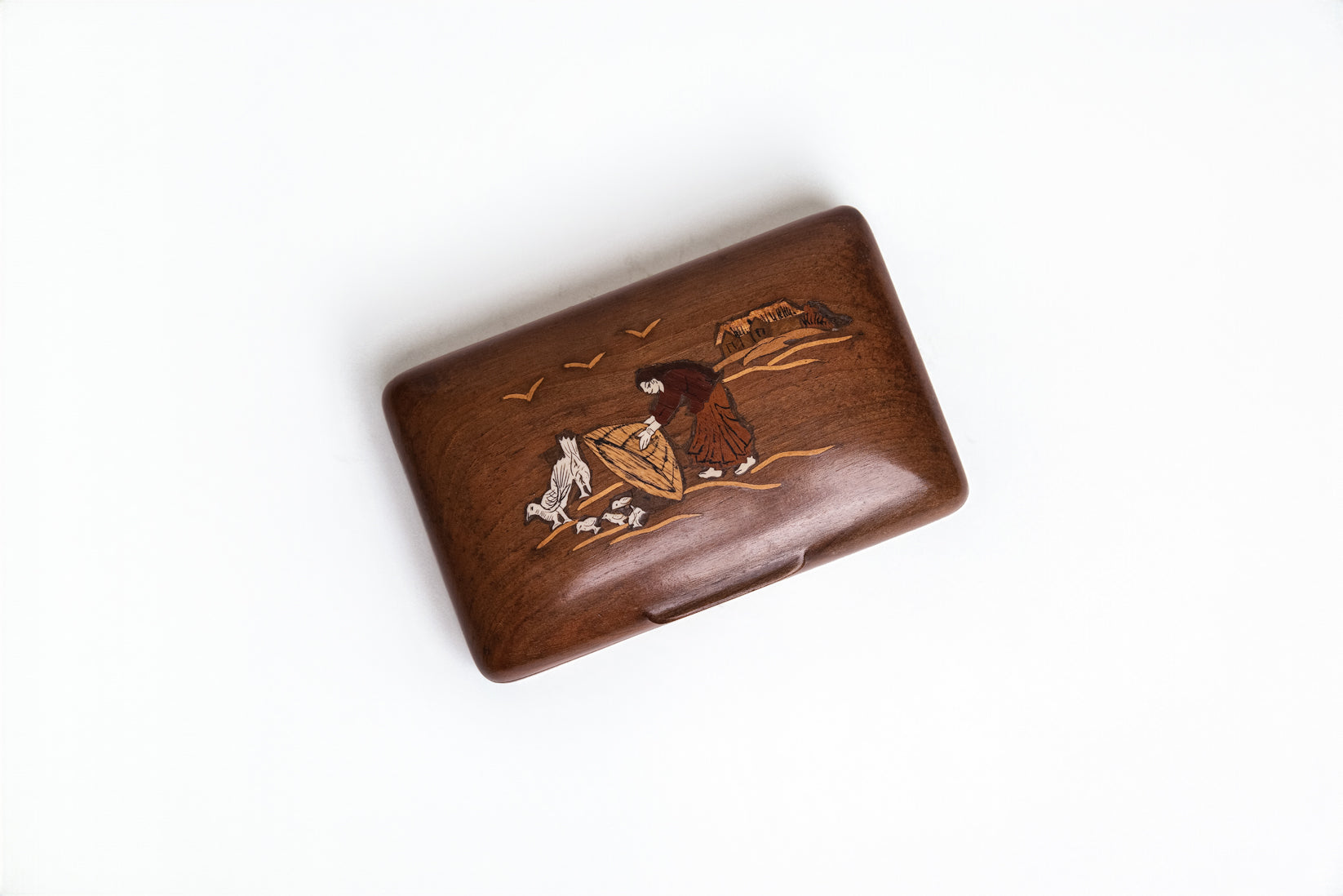 Village Life Walnut Wood Inlay Box | Handcrafted Kashmiri Wooden Art Storage Box