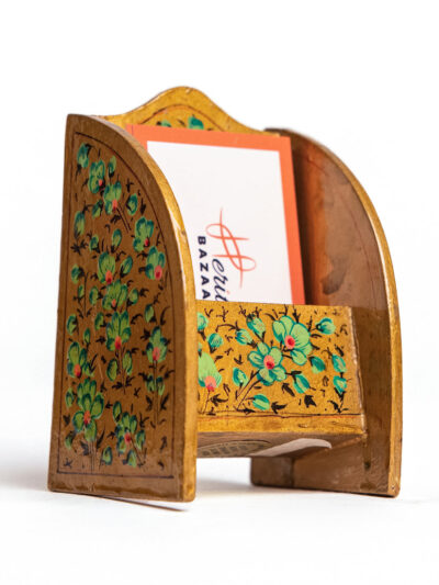Golden Bloom Card Holder | Handcrafted Wooden & Brass Desk Organizer