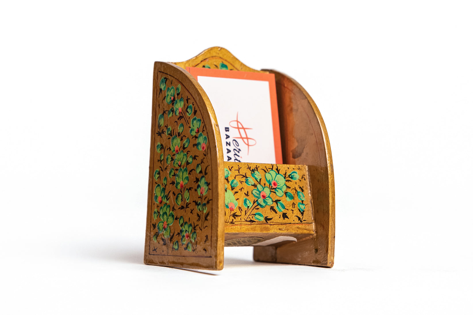 Golden Bloom Card Holder | Handcrafted Wooden & Brass Desk Organizer