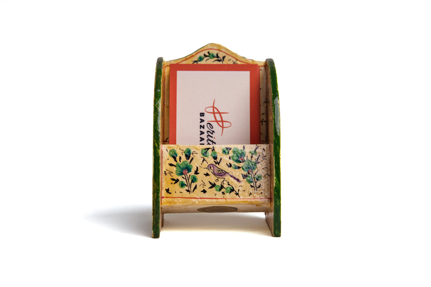 Golden Bloom Card Holder | Handcrafted Wooden & Brass Desk Organizer