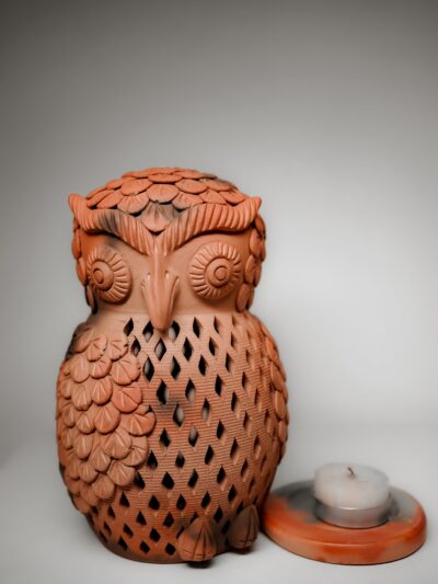 Terracotta Owl T-Light Holder (Floral & Diamond Cutwork)