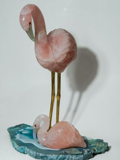 Natural Rose Quartz Flamingos – Decorative Agate Base Ornament