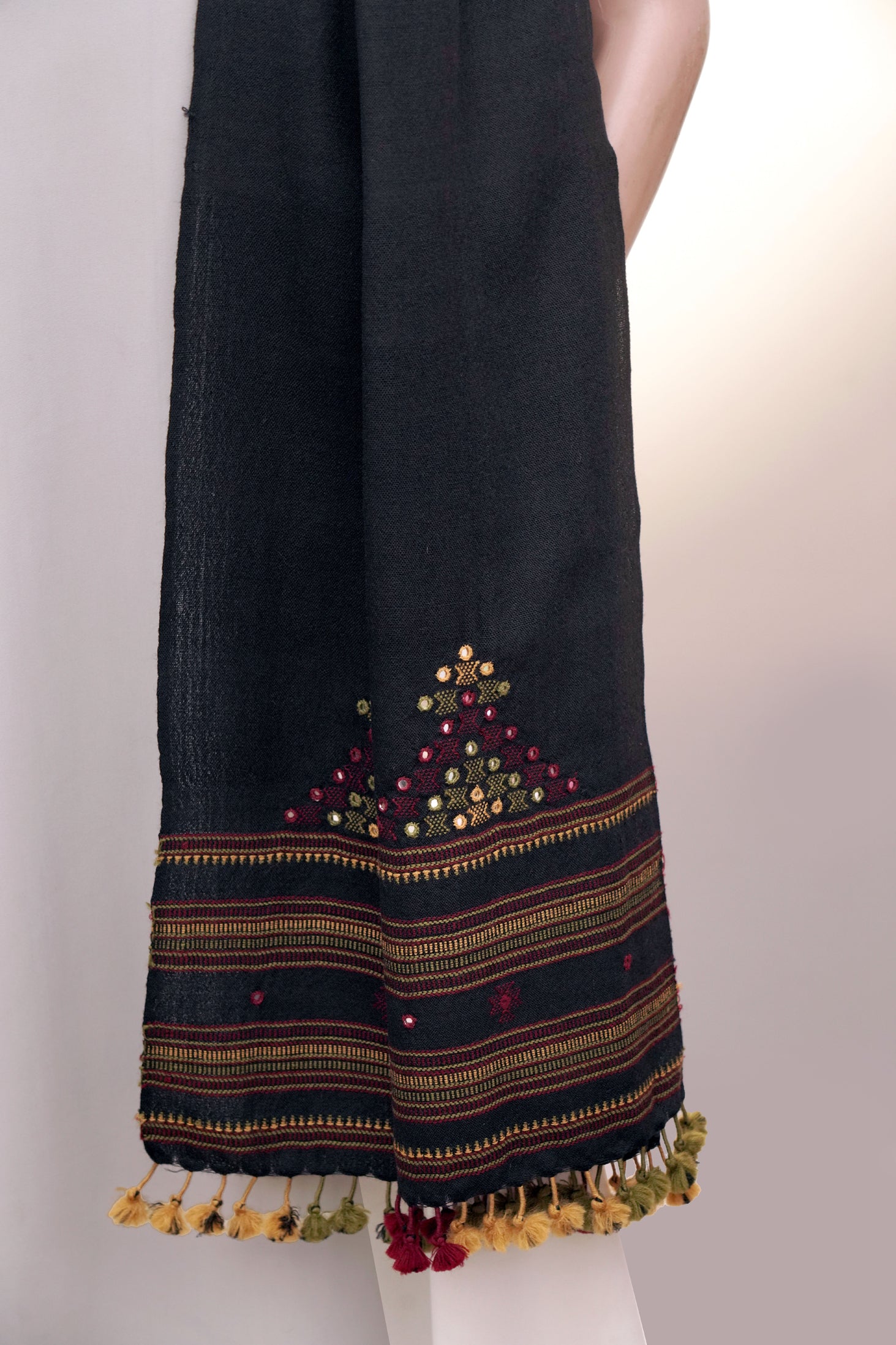 Midnight Oasis – Wool Mirrorwork Stall | Handwoven Kutch Weaving