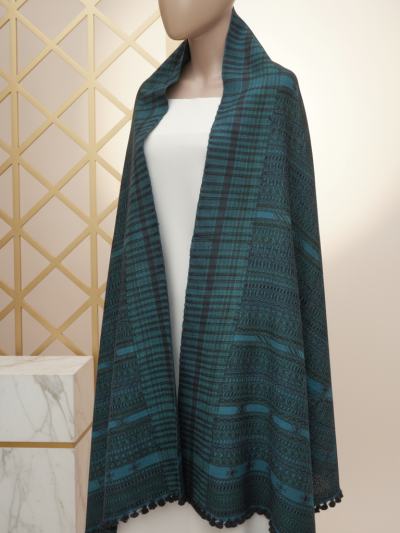 Teal Heritage Shawl | Artisan Wool Handwoven Kutch Weaving