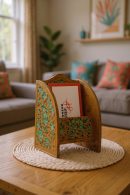 Golden Bloom Card Holder | Handcrafted Wooden & Brass Desk Organizer