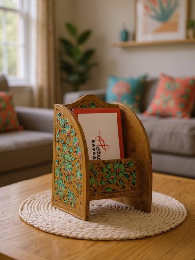 Golden Bloom Card Holder | Handcrafted Wooden & Brass Desk Organizer