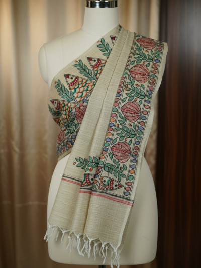 Fertile Waves Handpainted Khadi Dupatta | Traditional Madhubani Design
