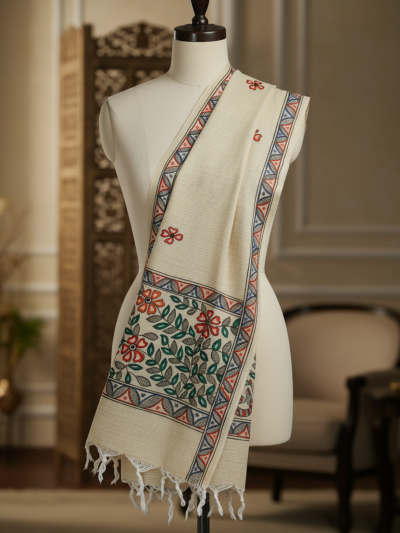 Garden of Mithila Madhubani Dupatta | Handpainted Khadi Cotton dupatta