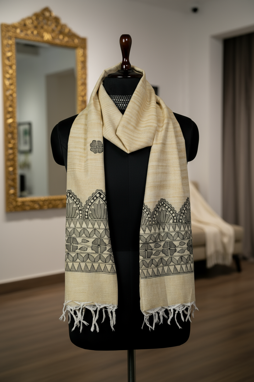 Sacred Motifs Madhubani Khadi Dupatta | Handpainted Traditional DUPATTA