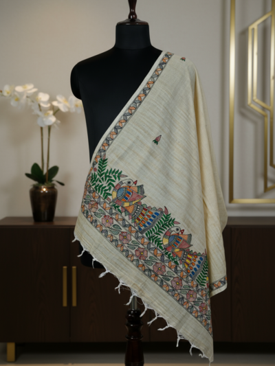 Feathered Symphony Handpainted Madhubani Khadi Dupatta | Artistic Stall