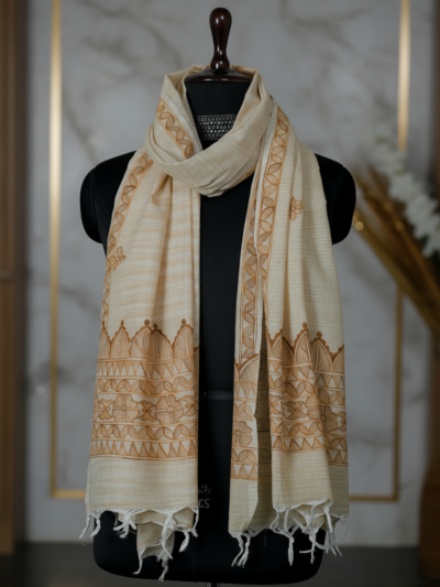 Golden Terracotta Elegance Madhubani Dupatta | Handpainted Khadi Cotton
