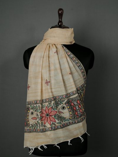 Prosperity Bloom Madhubani Dupatta | Handpainted Khadi Cotton Wrap