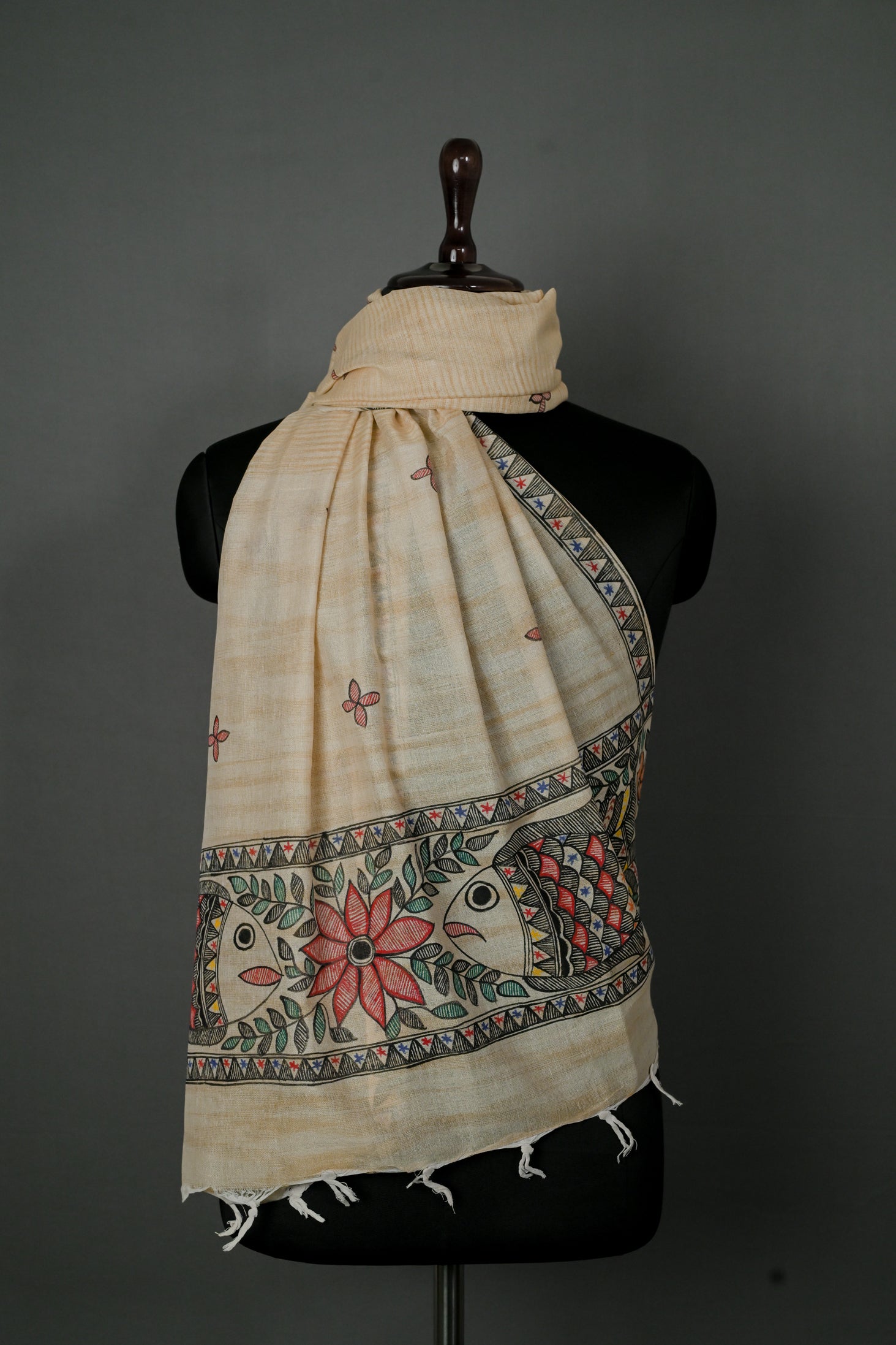 Prosperity Bloom Madhubani Dupatta | Handpainted Khadi Cotton Wrap