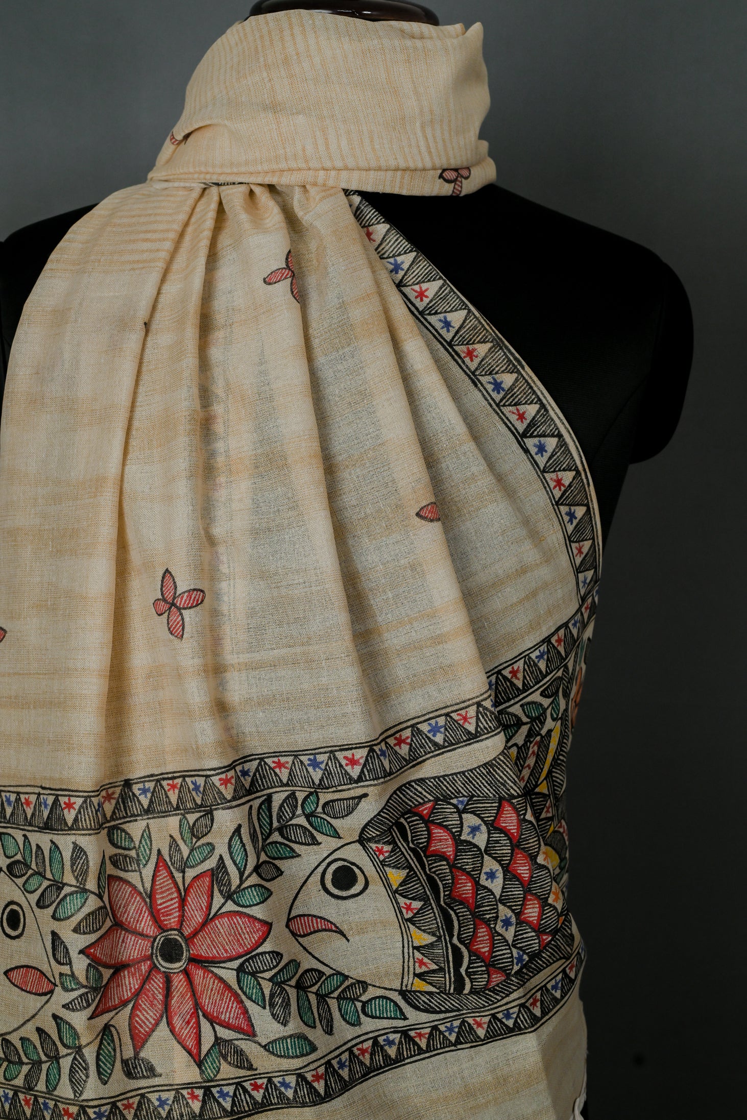 Prosperity Bloom Madhubani Dupatta | Handpainted Khadi Cotton Wrap
