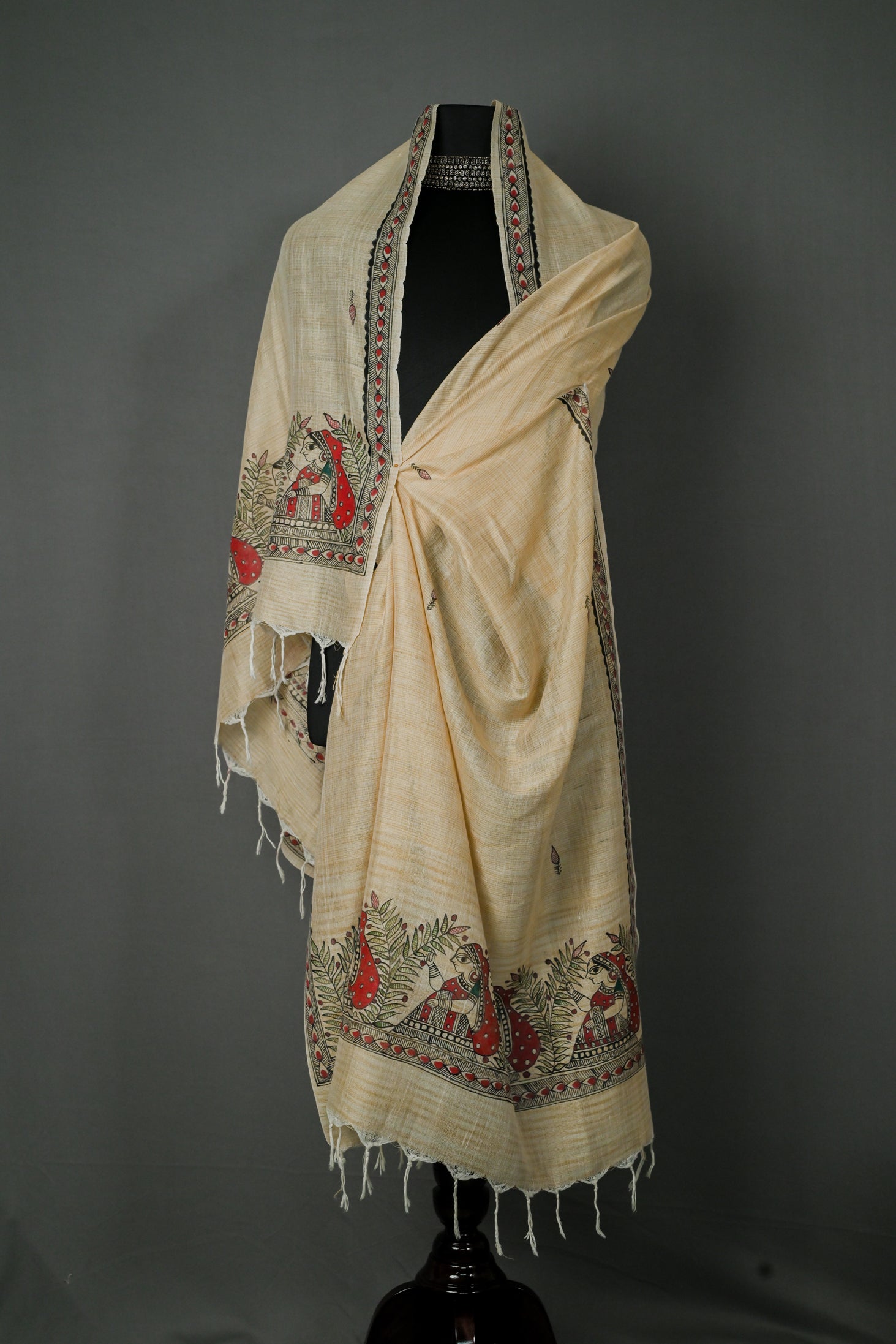 Vrindavan Grace Khadi Cotton Dupatta | Handpainted Madhubani Design