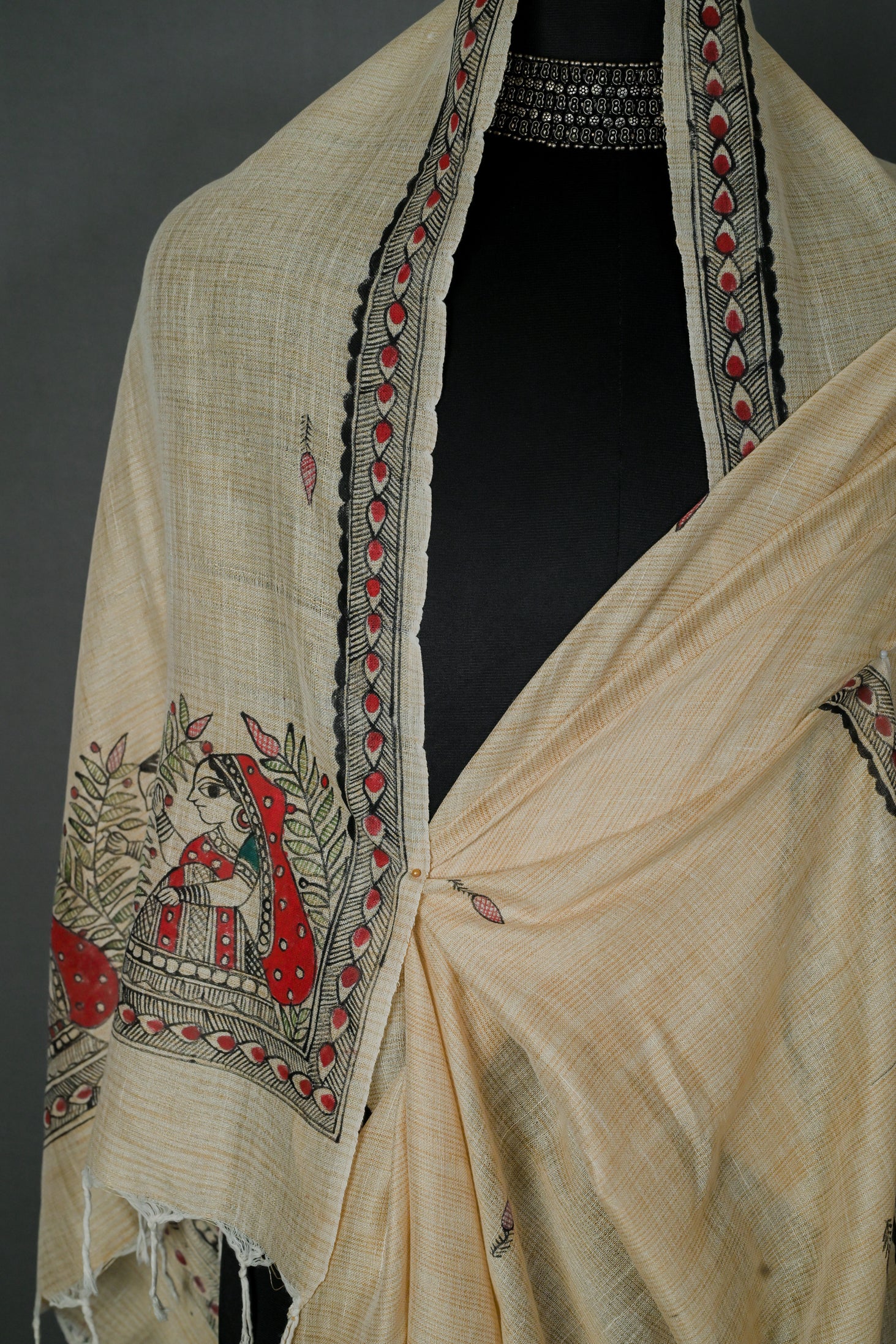 Vrindavan Grace Khadi Cotton Dupatta | Handpainted Madhubani Design