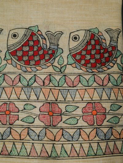 Crimson Currents Handpainted Khadi Cotton Dupatta | Madhubani Art Wrap