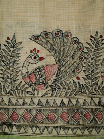 Peacock Radiance Madhubani Dupatta | Handpainted Khadi Cotton Elegance