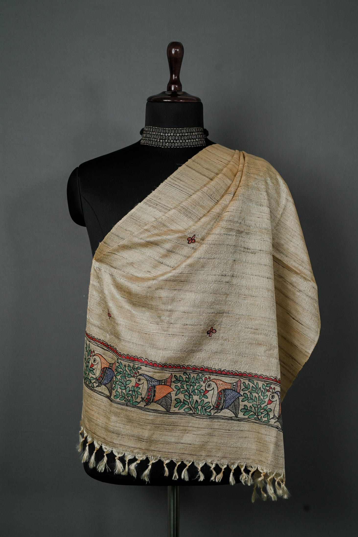 Song of the Birds Madhubani Dupatta | Handpainted Khadi Cotton Wrap