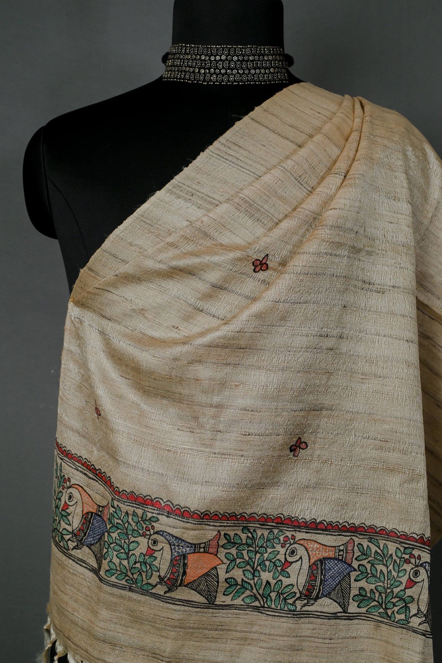 Song of the Birds Madhubani Dupatta | Handpainted Khadi Cotton Wrap
