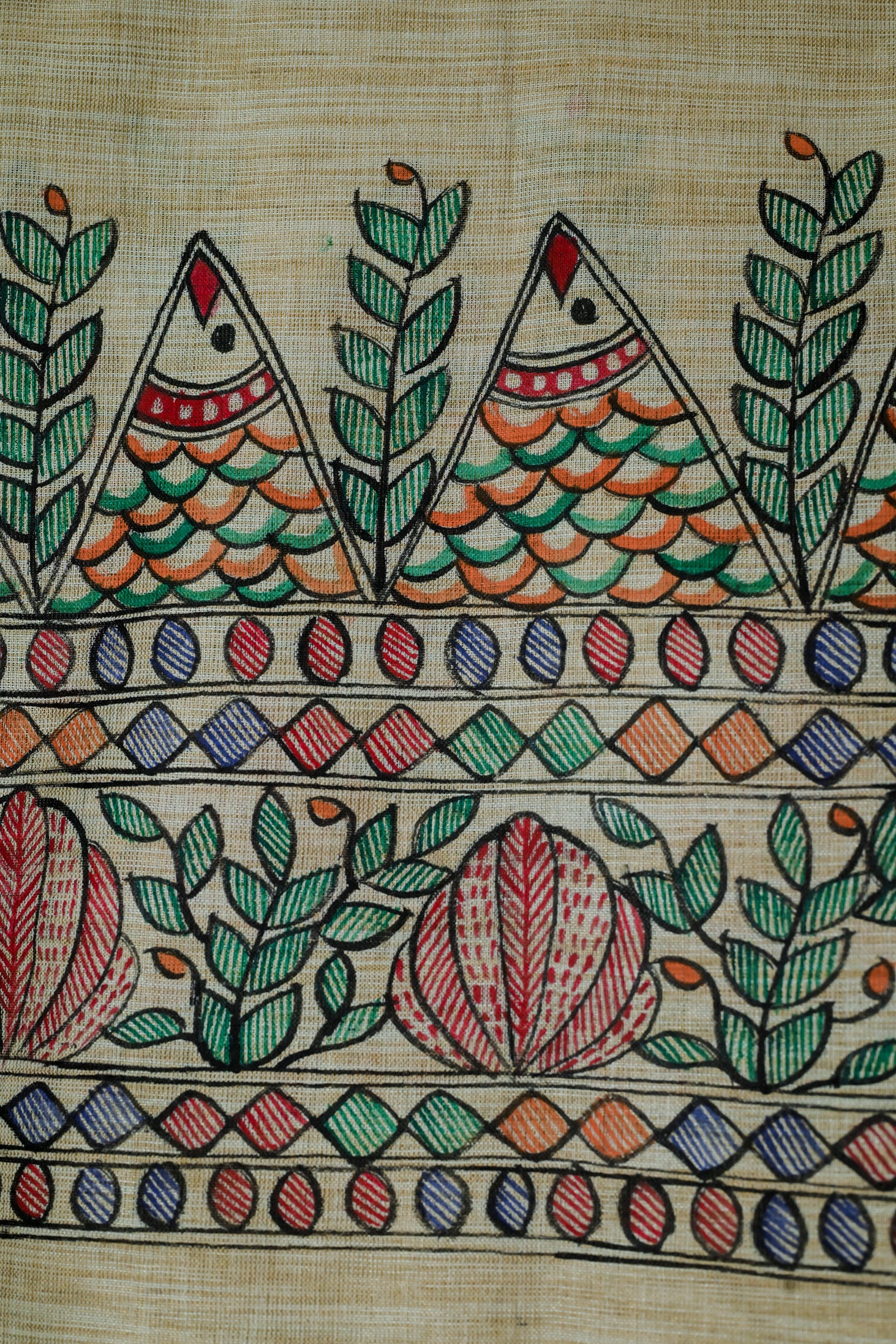 Fertile Waves Handpainted Khadi Dupatta | Traditional Madhubani Design
