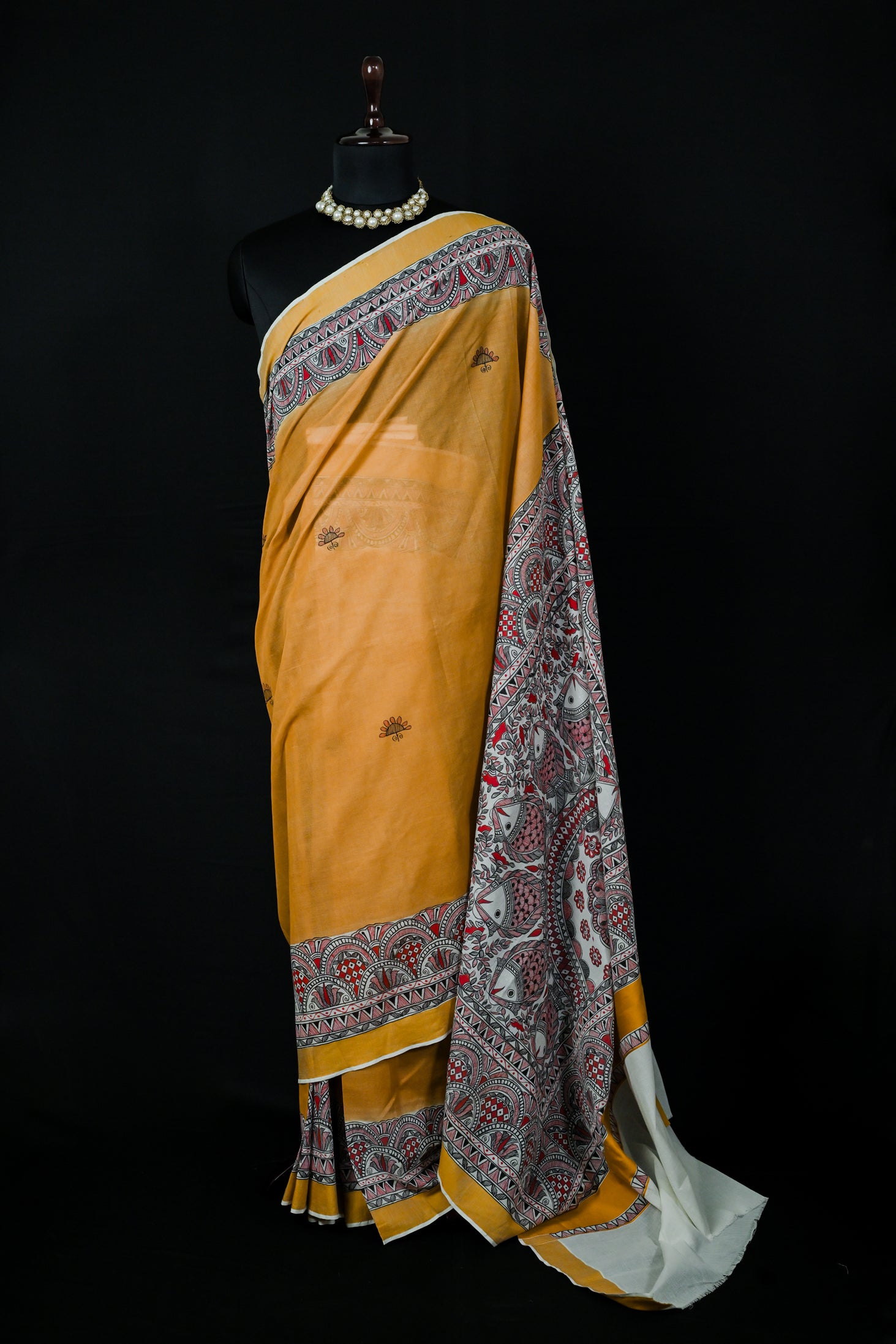 Golden Horizon Madhubani Saree | Handpainted Fish & Floral Khadi Silk