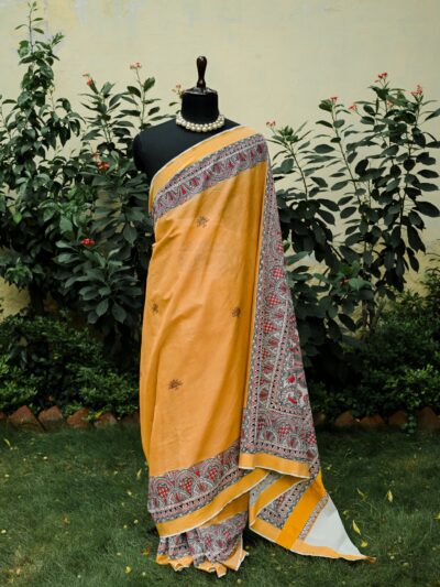 Golden Horizon Madhubani Saree | Handpainted Fish & Floral Khadi Silk