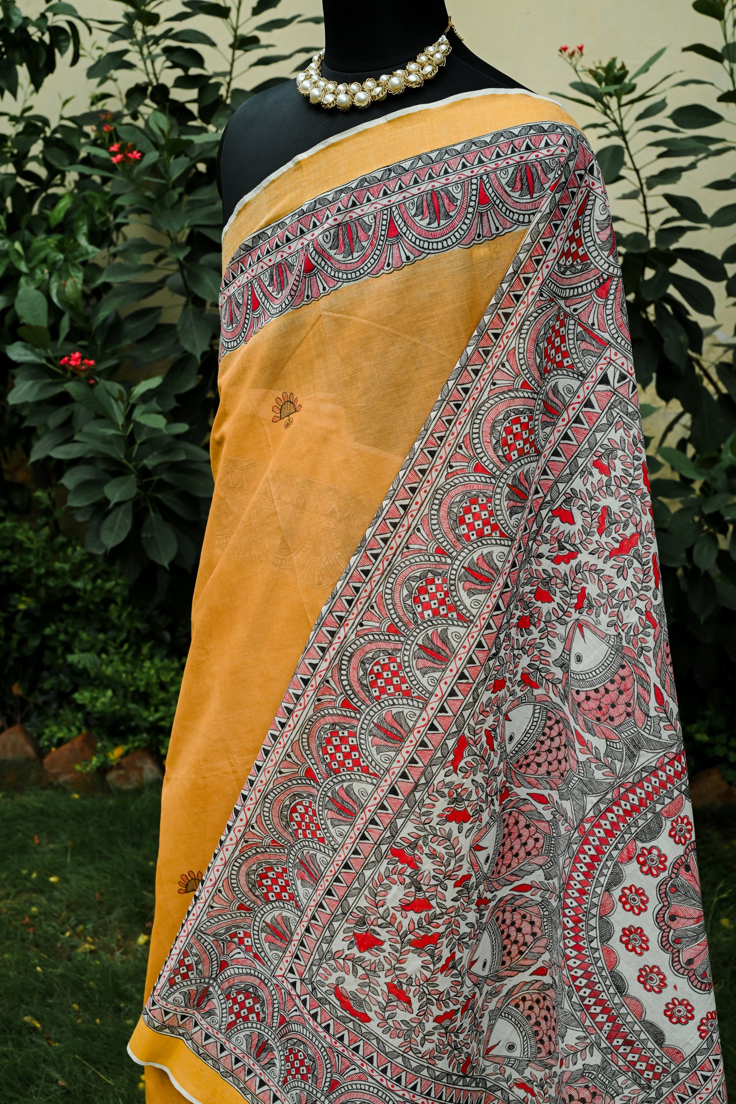 Golden Horizon Madhubani Saree | Handpainted Fish & Floral Khadi Silk