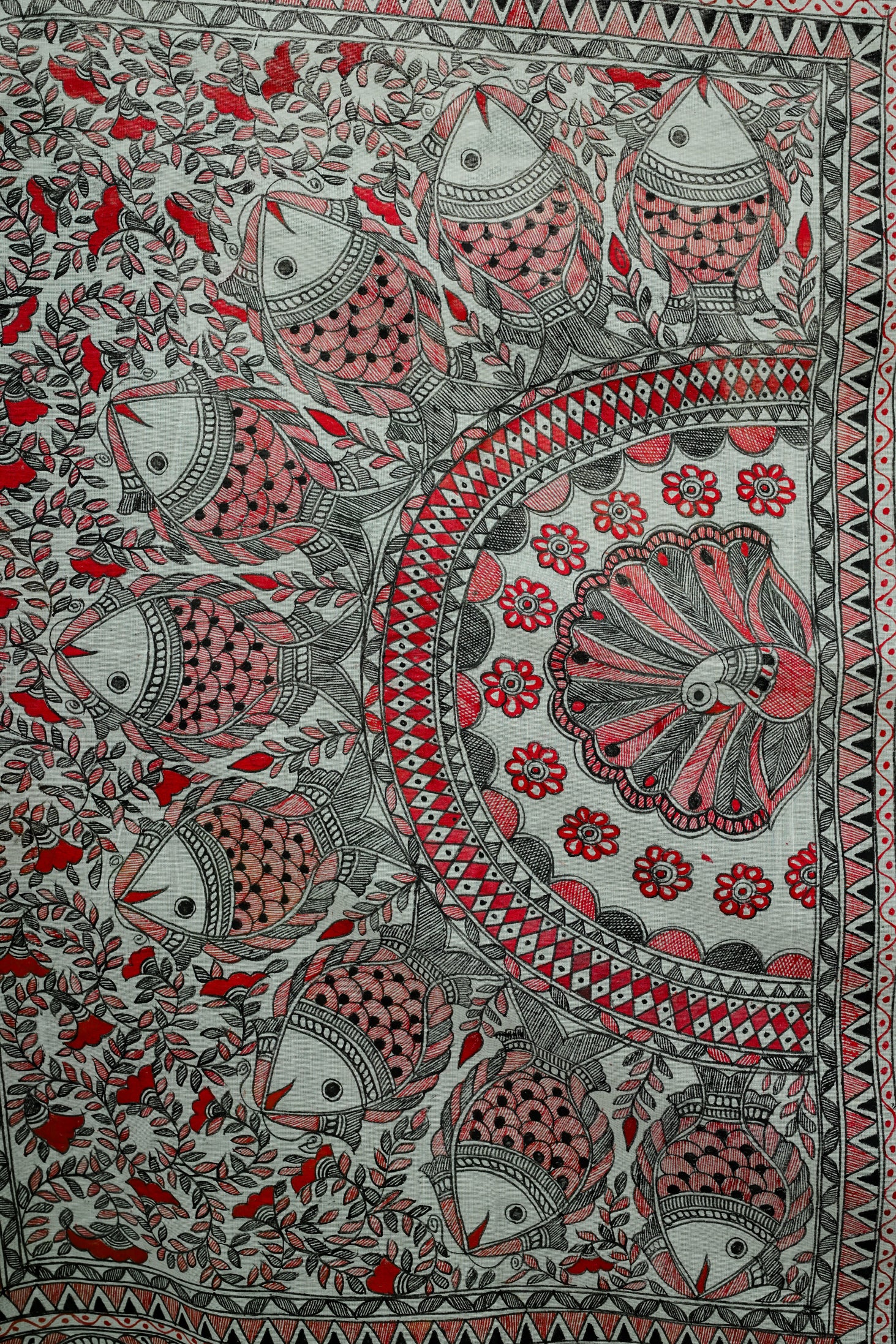 Golden Horizon Madhubani Saree | Handpainted Fish & Floral Khadi Silk