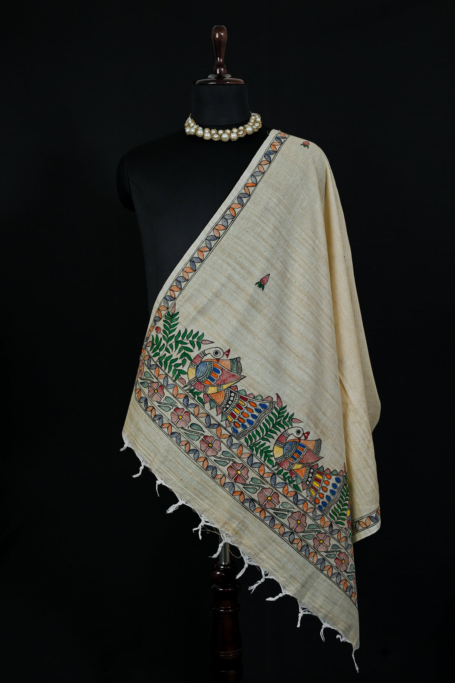 Feathered Symphony Handpainted Madhubani Khadi Dupatta | Artistic Stall