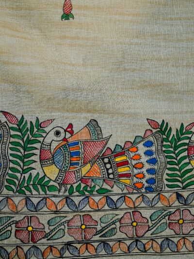 Feathered Symphony Handpainted Madhubani Khadi Dupatta | Artistic Stall